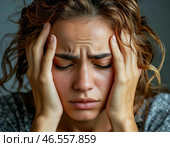 Женщина держит руки у висков - депрессия, головная боль, мигрень. Стоковое AI-изображение, AI-художник Руслан Лесков / Фотобанк Лори