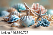 Colorful seashells and starfish arranged on sandy beach with soft focus background during bright daylight. Стоковое AI-изображение, AI-художник Сергей Толмачёв / Фотобанк Лори