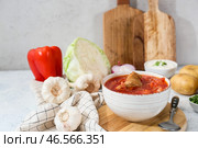 Чаша вкусного борща и ингредиенты на светлом фоне. Стоковое фото, фотограф Pixel_shot / Фотобанк Лори