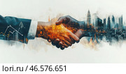 Рука пожимает другую руку на фоне города. Двойная экспозиция. Стоковое AI-изображение, AI-художник Ярославский Максим / Фотобанк Лори
