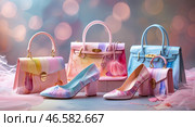 Stylish pastel handbags and heels arranged elegantly on soft fabric with a blurred colorful background. Стоковое AI-изображение, AI-художник Сергей Толмачёв / Фотобанк Лори