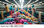 Vibrant yarns displayed in a bustling textile factory with workers busily engaged in their tasks. Стоковое AI-изображение, AI-художник Сергей Толмачёв / Фотобанк Лори