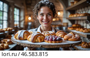 Smiling baker holding freshly baked pastries in a cozy bakery setting. Стоковое AI-изображение, AI-художник Сергей Толмачёв / Фотобанк Лори