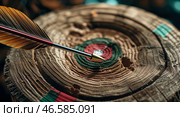 Archery target with arrow precisely hitting the bullseye at a quiet outdoor range during afternoon. Стоковое AI-изображение, AI-художник Сергей Толмачёв / Фотобанк Лори