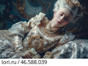An aristocratic lady of the Baroque or Rococo era, dressed in a luxurious white and gold dress with a rich pattern and exquisite embroidery. Her gray curled hair is styled in a majestic hairstyle, decorated with flowers and gold elements. The woman rests in an elegant pose with her eyes closed, giving the impression of sleep or reverie. A pearl necklace shimmers on her neck, and long earrings complete the exquisite image.The background is made in a classic style - with dark saturated shades, decorative elements and picturesque details reminiscent of the royal palaces of the 18th century. The light softly illuminates her face and outfit, adding a magical and mystical atmosphere. Стоковое AI-изображение, AI-художник Анна Кривицкая / Фотобанк Лори