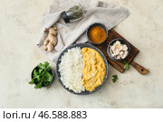 Чаша вкусного куриного карри с рисом и ингредиентами на светлом фоне. Стоковое фото, фотограф Pixel_shot / Фотобанк Лори