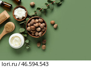 Массажные щетки для тела, орехи, банка и миска с ши на зеленом фоне. Стоковое фото, фотограф Pixel_shot / Фотобанк Лори