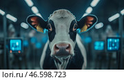 Modern dairy farming technology with Holstein cow in automated milking parlor, intelligent livestock management system with digital monitoring, farm automation, agricultural innovation. Стоковое AI-изображение, AI-художник Сергей Тимофеев / Фотобанк Лори