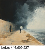 A mysterious and atmospheric scene. A lone figure of a man walks along a wide path that stretches to an arched passage, flooded with light. To the right of the path the sea rages, and to the left rises an old wall with an arched entrance. The sky is filled with massive dark and light clouds, creating a strong contrast and a sense of drama. The painting conveys a feeling of loneliness, a transition between worlds and the unknown. Стоковое AI-изображение, AI-художник Анна Кривицкая / Фотобанк Лори