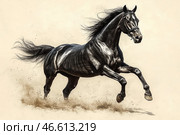 A black horse in a powerful jump, its mane and tail fluttering in the air. It looks strong, graceful and muscular, its smooth black coat shining in the light. The background is light and minimalistic, which emphasizes the dynamics and power of the horse's movement. The ground beneath the hooves flies apart in clouds of dust, creating a sense of speed and wild energy.This image conveys the swiftness, power and beauty of a free animal, emphasizing the natural grace and strength of the horse. The artistic style combines realism and graphic accuracy, which makes the image even more impressive. Стоковое AI-изображение, AI-художник Анна Кривицкая / Фотобанк Лори
