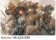 In the center of the composition is a group of elegant characters in detailed military uniforms, decorated with gold ornaments, lace and exquisite elements. Their headdresses are wide-brimmed hats decorated with feathers, flowers and metal inserts, emphasizing the aristocracy and martial spirit.The color palette of the image consists of delicate pastel shades with accents of rich blue, gold and bronze. The characters are depicted in confident, majestic poses, as if ready for battle or an important event. Some characters have weapons in their hands - muskets and rapiers, which emphasizes their belonging to elite military formations.The background is blurred, with light decorative elements of plant ornaments, which creates a sense of dynamics, romance and nobility. Стоковое AI-изображение, AI-художник Анна Кривицкая / Фотобанк Лори