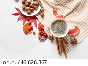 Композиция с чашкой кофе, орехами и осенними листьями на светлом фоне. Стоковое фото, фотограф Pixel_shot / Фотобанк Лори