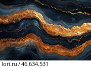 Texture of natural stone with deep black, gray and gold veins. Inclusions of golden hue create the effect of luxurious, almost magical shine, similar to pure gold or pyrite. Dark tones add elegance and mystery to the composition, and smooth lines of patterns resemble natural geological layers or marble stains. The image is ideal for use in interior design, decor or as wallpaper, adding depth and richness to visual perception. Стоковое AI-изображение, AI-художник Анна Кривицкая / Фотобанк Лори