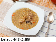 Pearl barley soup with pork and mushrooms. Стоковое фото, фотограф Яков Филимонов / Фотобанк Лори