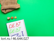 Сумка с деньгами и словом ДОЛГ, написанное в блокноте на цветном фоне. Стоковое фото, фотограф Pixel_shot / Фотобанк Лори