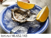 Тарелка с вкусными холодными устрицами на столе. Стоковое фото, фотограф Pixel_shot / Фотобанк Лори