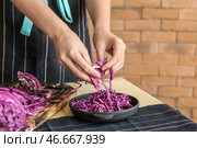 Женщина ставит на стол сковородку красной капусты. Стоковое фото, фотограф Pixel_shot / Фотобанк Лори