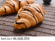 Вкусные круассаны с шоколадным сиропом на бамбуковой циновке. Стоковое фото, фотограф Pixel_shot / Фотобанк Лори