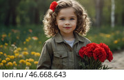 The concept of the May 9th holiday. Portrait of a beautiful girl in khaki clothes with red carnation flowers. Celebration of Victory Day 1941-1945. Стоковое AI-изображение, AI-художник Photojuli / Фотобанк Лори
