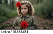 The concept of the May 9th holiday. Portrait of a beautiful girl in khaki clothes with red carnation flowers. Celebration of Victory Day 1941-1945. Стоковое AI-изображение, AI-художник Photojuli / Фотобанк Лори