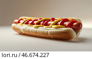 Mouthwatering hot dog topped with mustard and ketchup ready for summer picnics and outdoor barbecues. Стоковое AI-изображение, AI-художник Сергей Толмачёв / Фотобанк Лори