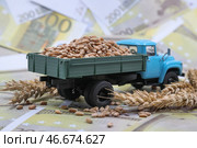 Игрушечный автомобиль с зернами пшеницы на купюрах номиналом 200 евро. Стоковое фото, фотограф Сергей Булкин/NEWS.ru / ТАСС / Фотобанк Лори