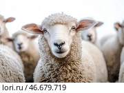 Flock of sheep grazes peacefully in a rustic farm setting alive with nature. Detailed closeup of brown and white sheep herd. Concept of sheep farming and herding. Open-air sheepfold. Farmhouse. Стоковое AI-изображение, AI-художник Евгений Демидюк / Фотобанк Лори