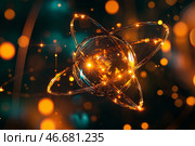 Atom with rotating electrons, energy and matter concept background. Стоковое AI-изображение, AI-художник Михаил Коханчиков / Фотобанк Лори