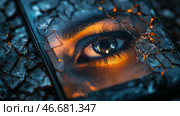 Broken smartphone screen reveals intriguing eye gazing at viewer. Стоковое AI-изображение, AI-художник Katsiaryna Repich / Фотобанк Лори