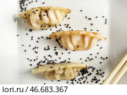 Вкусная японская гёза на тарелке, крупным планом. Стоковое фото, фотограф Pixel_shot / Фотобанк Лори