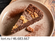Тарелка с куском вкусного шоколадного торта с орехами пекан, крупным планом. Стоковое фото, фотограф Pixel_shot / Фотобанк Лори