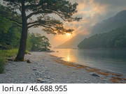 A picturesque natural landscape overlooking a lake or river surrounded by dense forest and mountains. The evening or morning sun breaks through the light haze, creating a soft, golden light that reflects on the water. In the distance is a pebbly shoreline, along which grows a large, spreading tree with a powerful trunk. The tree's branches curve slightly toward the water, adding depth and balance to the composition. The atmosphere in the image is peaceful and filled with natural beauty. Стоковое AI-изображение, AI-художник Анна Кривицкая / Фотобанк Лори