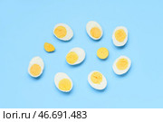 Половинки вкусных отваренных яиц на голубом фоне. Стоковое фото, фотограф Pixel_shot / Фотобанк Лори
