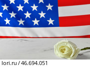 Цветок розы на столе на фоне флага США. Национальный день молитвы и воспоминания о жертвах террористических атак. Стоковое фото, фотограф Pixel_shot / Фотобанк Лори