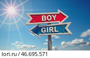 Sign with two arrows pointing to the right and left, with the words boy. Стоковое AI-видео, аниматор Sergey Grishin / Фотобанк Лори
