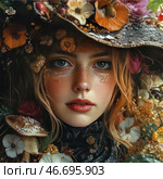 Portrait of a young girl with mesmerizing blue eyes and freckles, framed by a variety of flowers, mushrooms and natural elements. She wears an original hat decorated with dried flowers, berries and leaves, which creates an atmosphere of fairy tales and natural magic. Her skin glows with natural light, emphasizing the smoothness of her facial features. The girl’s deep, penetrating gaze is filled with mystery and enigma, and the details of her outfit and surroundings are executed with incredible realism, creating an effect of hyperrealism. The color scheme includes warm autumn shades mixed with muted green and brown tones, which emphasizes the harmony with nature. Стоковое AI-изображение, AI-художник Анна Кривицкая / Фотобанк Лори