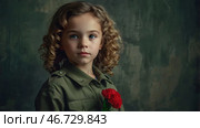The concept of the May 9th holiday. Portrait of a beautiful girl in khaki clothes with red carnation flowers. Celebration of Victory Day 1941-1945. Стоковое AI-изображение, AI-художник Photojuli / Фотобанк Лори