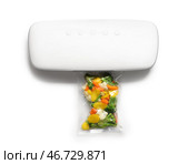 Вакуумный упаковщик для продуктов с нарезанными овощами в пакете на белом фоне. Стоковое фото, фотограф Pixel_shot / Фотобанк Лори