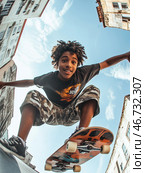 Young black boy jumping on skateboard. Shot from below on a fish-eye. Immersive POV. Стоковое AI-изображение, AI-художник Катерина Ковалева / Фотобанк Лори