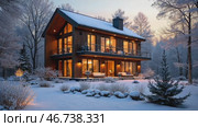 Large house with a snow covered yard and a fireplace. Стоковое AI-видео, аниматор Sergey Grishin / Фотобанк Лори
