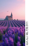 Beautiful purple field with a church in the background. Стоковое AI-изображение, AI-художник Sergey Grishin / Фотобанк Лори