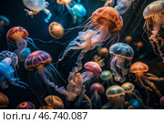 Scuba diving. Diving. Colorful jellyfish swim in tropical waters. A jellyfish in the underwater world of wild animals. Ocean wildlife watching. Стоковое AI-изображение, AI-художник Photojuli / Фотобанк Лори