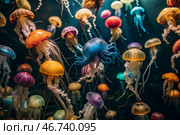 Scuba diving. Diving. Colorful jellyfish swim in tropical waters. A jellyfish in the underwater world of wild animals. Ocean wildlife watching. Стоковое AI-изображение, AI-художник Photojuli / Фотобанк Лори