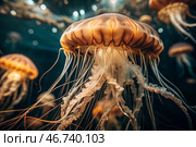 Scuba diving. Diving. Colorful jellyfish swim in tropical waters. A jellyfish in the underwater world of wild animals. Ocean wildlife watching. Стоковое AI-изображение, AI-художник Photojuli / Фотобанк Лори