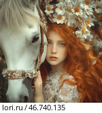 Young girl with fiery red hair, delicate skin with freckles and a thoughtful look. She stands next to a white horse, touching its muzzle. The horse's head is decorated with a flower wreath, harmonizing with the wreath on the girl's head. The color palette of the image is done in warm pastel tones: the girl's red curls contrast with the whiteness of the horse and delicate flowers. The atmosphere of the picture is filled with romance, harmony and natural beauty. Стоковое AI-изображение, AI-художник Анна Кривицкая / Фотобанк Лори