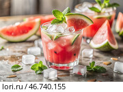 Fresh delicious watermelon lemonade, mint, ice cubes and pieces of watermelon. A summer refreshing drink. Стоковое AI-изображение, AI-художник Photojuli / Фотобанк Лори