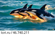 Группа косаток охотится в море. Киты - убийцы на охоте. / Wildlife photography. A group of killer whales hunt in the ocean. National Geographic style. Стоковое AI-изображение, AI-художник Iva Noel / Фотобанк Лори