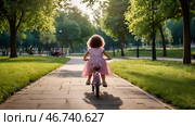 A cheerful girl in a pink dress rides a bicycle in a helmet in the park. A happy child is engaged in an active sport. Protection. Life insurance and child safety. Стоковое AI-изображение, AI-художник Photojuli / Фотобанк Лори