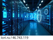 Продвинутая безопасность и защита данных в современном центре. Стоковое AI-изображение, AI-художник Елена Болотина / Фотобанк Лори