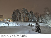 Night city park during snowfall. Moscow, Russia (2024 год). Стоковое фото, фотограф Володина Ольга / Фотобанк Лори